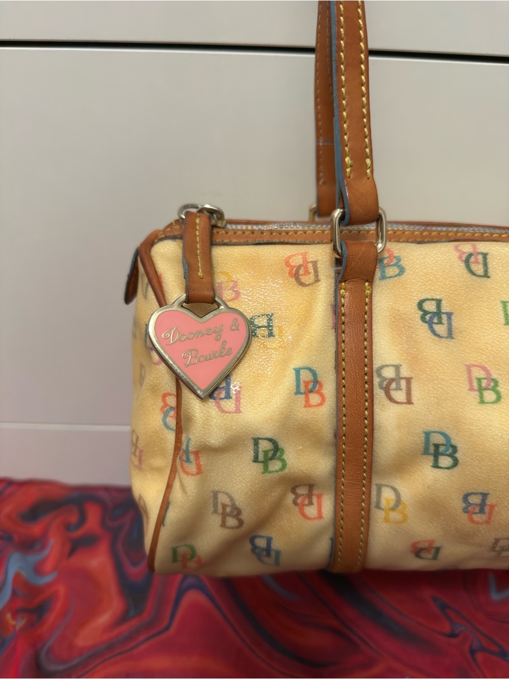Vintage Y2K Dooney & Bourke Multi Color Monogram Barrel Satchel Bag - Picture 2 of 9